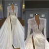 Luxe witte baljurk trouwjurken lange mouwen pailletten op peilingen split v-neck bruidsjurken chic dubai op maat gemaakte vestidos de novia