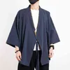 Männer Baumwolle Leinen Hemden Männer Kimono Traditionelle Offene Stich Hemd Männlich Drei Viertel Hülse Hemd L220706