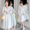Sweet Fairy Maternity Dresses Long Sleeves Square Collar High Waist Bow Dress Pregnant Woman Empired Cotton Princess Dress White J220628