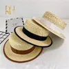 Été femme naturel rigide blé paille plaisancier Fedora haut chapeau plat femmes plage à bord plat casquette avec ruban à rayures rouge marine RH 220513302O