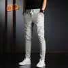 Herrbyxor sommarmän elastisk midja avslappnad koreansk streetwear lättvikt bomullsgrå smal passbyxor 220826