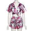 ANJAMANOR Sexy Two Piece Set Summer Print Satin Crop Top and Shorts Sets for Women Club Outfits Pant Suit D87DF20 220526