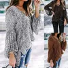 Women's Blouses & Shirts Womens Shirt Lantern Sleeve Tie-Up Chiffon Blouse Leopard Sexy V-Neck Split Tunic Tops With 3 Colors Casual Style