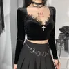 Goth Black Bodycon Crop Top Women's T-Shirts Aesthetic Sexy V-Neck Long Sleeve Corset Y2K Harajuku Vintage Korean Fashion Tops 220402