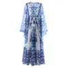 Robes Décontractées Qian Han Zi Designer Mode Piste D'été Robe Longue Pour Les Femmes Manches Chauve-Souris Bleu Et Blanc Porcelaine Impression Vacances Maxi Dr