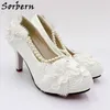 Sorbern White Beading Dress Skor för brudar Lace Blommor Beaded Bridesmaid Girl Wedding Shoe 8cm 5cm 3cm Flat Heels