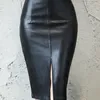 Aachoae Siyah Pu Deri Etek Kadınlar MIDI Seksi Yüksek Bel Bodycon Split Skirt Ofis Kalem Etek Diz Uzunluk 220511