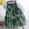 Vintage Floral Long Tulle Jupe Coréenne Harajuku Haute Wasit Rose Noir Plissée ALine Midi Jupes Faldas Mujer Streetwear 220611