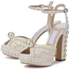 22 summer new sandals white pearl crystal embellished one-way buckle all-match slim ankle strap heels EU