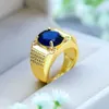 Bröllopsringar lyxiga kvinnliga blå kristallstenring trendig gult guld för kvinnor vintage brud oval förlovningsring