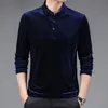 Guld sammet polo skjorta män koreanska mode affärer långärmad tröjor fast casual slim fit man polo shirt knapp krage toppar 220408