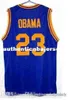 Özel 23 Barack Obama Lisesi Basketbol Formaları Mavi Beyaz Retro Gerileme Dikişli Kişiselleştirilmiş Cu
