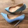 Designer-Spedizione gratuita Moda donna Blue Glitter strass scarpe a punta tacchi alti scarpe col tacco sottili pompe in vera pelle 10 cm Taglia grande si