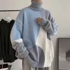 Herrtröjor turtleneck tröja män mode höst vinter stickade färger lapptäcke trendiga streetwear manlig baggy stickwear 2022men's kenn22