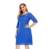 Robe de grande taille pour femmes, tenue de soirée élégante, Midi, bleue, jupe trapèze, vêtements pour femmes, couleur unie, dentelle creuse, grande taille, été, 2022