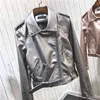 Giacca in pelle argento da donna giacche corte da moto metallizzate bavero con cerniera cappotto da motociclista morbido da donna punk streetwear L220801