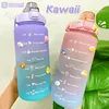 2L Large Capacity Water Bottle With Bounce Cover Time Scale Reminder Frosted Cup Cute Stickers For Outdoor Sports Fitness 220809