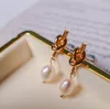 14K Gold Plating Tie Ear Studs Dangle Chandelier Natural Freshwater Pearl Earrings White Lady/Girl Fashion Jewelry