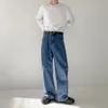 남성 청바지 2022 레트로 스타일 씻어 데님 스트레이트 캐주얼 바지 루즈 와이드 레그 패션 트렌디 헐렁한 블루 컬러 바지