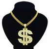 Hänge halsband megin gul guld pläterad hip hop us dollar pengar symbol lyxig rik krage kedja halsband för män kvinnor mode juvelrypen