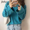 Jielur T-shirt a righe moda coreana autunno manica lunga da donna Top sciolto cotone casual femminile blu arancione S-XL 220402