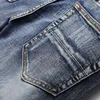 Mens Jeans Holes Frayed Hiphop Ripped Embroidery Flag Badge Paint Denim Pants Blue Slim Streetwear Distressed Moto Biker Jeans Mal317O