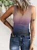 Women's T-Shirt Gradient Print Purple T Shirt Women Summer Sexy Front Button O-Neck Sleeveless Blue Ribbed Tank Top Woman Casual Tight Tee S