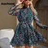 Aachoae Chic Hollow Out Mini Dress Boho Floral Print Chiffon Party Dress Pleated Sleeve Furfles Dres Sundress Vestidos 220516