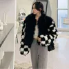Winter New Imitation Mink Fur Coat Women Fashion Black And White Checkerboard Faux Fur Jacket Short Color Matching Warm Top T220716