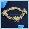 Anklets Biżuteria lodowa Diamond Kobiety łańcuch ciała krineston kubańskie ogniwo złoto sier Butterfly Bracelets Drop dostawa 2021 Dgyux
