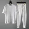 Herrspårar Sommarmans set 1 Top Pants Solid Color Pocket Stretchy Round Neck veckor för kontorsmode Male Clothingmen's