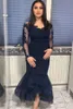 Elegant Dark Navy Tea-Length Mermaid Prom Dresses V Neck Long Sleeves Formal Evening Gowns Appliques Lace Plus Size Special Occasion Dress Women Robes De Soriee