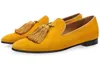 Jaune noir vache daim cuir messieurs mocassins gland frange sans lacet hommes robe de mariée chaussures hommes Oxfords