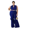 Survêtements grande taille pour femmes 5XL deux pièces ensemble femmes sans manches hauts courts volants pantalons à jambes larges Sexy col en V chemisier avec fermeture à glissière soirée Par