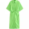 TRAF Women Chic Fashion Button up Draped Midi Shirt Dress Vintage Short Sleeve Side Zipper Female Dresses Vestidos 220630