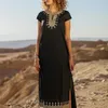 Boho Elegant Embroidered Mandarin Collar Short Sleeve Side Split Summer Dres Street Wear Casual Maxi Dress N1154 220402