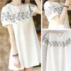 Casual klänningar 2022 Kvinnor ELEGANTS KVINNS Fashion Kort ärm broderi O-Neck Flower White Dress Ladies Plus Size Mini