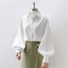 Deeptown lanterna mangas vintage camisas mulheres elegante branco blusa com mangas exuberantes moda botão acima camisa preta 220725