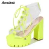 Aneikeh Concise Cross Tied Sandals Boots Thick Bottom Heel Shoes for Women Spring Autumn Sexy Pu Trends Ankle Boots Lace Up 220421