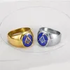 Newst Unieke roestvrijstalen ringvrije metselaars Masonic Past Master Signet Rings Gold Silver Compass Square Sun Face Blue Lodg Ring Sieraden