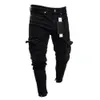 Mężczyźni Biker podarte długie dżinsowe spodnie chude dżinsy zniszczone elastyczne czarne spodnie 220726