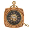 Pocket Watches Retro Unique Royal Red Wooden Bamboo Hand Winding Mechanical Watch Square Dial With 30cm Gold Chain Men Hour Clock Gifts Thun