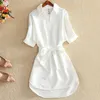 Casual White Tunic Woman Dress Summer Office Lady Chiffon Shirt For Women Short Sleeve Solid Sashes Fashion Vestidos 220613