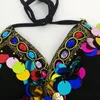 Rainbow Sequin Tassel Mermaid Mirror Festival Bra Bralette Crop Top Beading Coins Lace-up Chiffon Boho Cami 220325