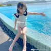 Ins 2022 children One-Pieces swimsuit sweet child conjoined lovely princess lotus collar girl bathing suit fashion kids big Falbala collral swim clothing S2057