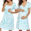 Costura de encaje Vestido de maternidad de manga corta Tie-dye Estampado floral Lactancia Embarazo Vestido Cuello en V Vestido de mujer informal G220309