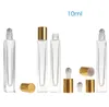 10ml Puste Pióro Kwadratowe Szkło Roll On Butelki Z Złotą Cap Ze Stali Nierdzewnej Piłka Walcowa dla Essential Oil Perfumy SN6470