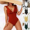 2022 Sexy einteiliger Bikini, einfarbig, fliegender V-Ausschnitt, Badeanzug für Damen