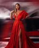 2022 robes de soirée rouges mode longue sans manches femmes robes de bal haute fente élégante pli piste balayage train robe de novia