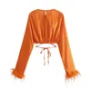 Orange Blouses Manches Longues Avec Plume Y2k Vêtements Chic Lady T-shirt Taille Cravates Top Femmes Tops Sexy Manches T-shirts Partie 220328
